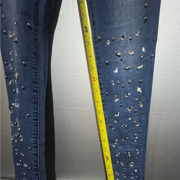 Juniors Rhinestone Jeans Womens 15 Blue Slim Fit Tapered Glam Denim - Picture 9 of 11